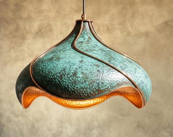 Handmade Verdigris Copper Pendant Light: Hammered Moroccan Ceiling Fixture