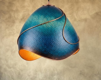 Hammered Copper Pendant Light: Azure Blue Patina, Artisan Moroccan Lighting