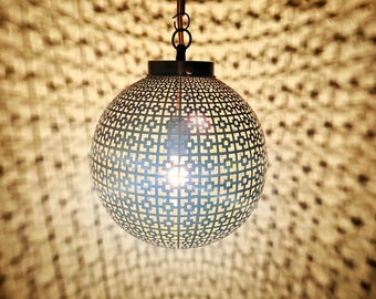 Moroccan Brass Globe Pendant, Hanging Light Fixture with Intricate Geometric Cutouts