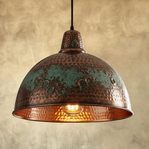 Handmade Green Patina Copper Pendant Light: Rustic Island Lighting