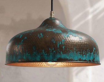 Handcrafted Patina Copper Dome Pendant Light, Hammered Moroccan Lighting