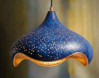 Handmade Blue Copper Pendant Light: Hammered Moroccan Ceiling Fixture
