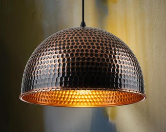 Hammered Copper Dome Pendant Light: Hand-Stitched Rim, Moroccan Artisan Lighting