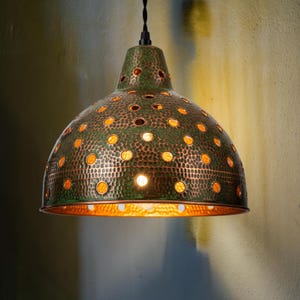 Green Patina Pierced Copper Pendant Light: Bohemian Farmhouse Lamp