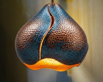 Sculpted Honeycomb Pendant Light, Blue Patina Copper Lamp, Organic Modern Lighting, Statement Artisan Fixture