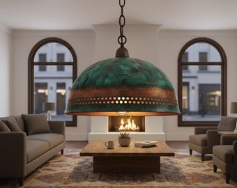 Handmade Verdigris Copper Pendant Light: Hammered Moroccan Ceiling Fixture