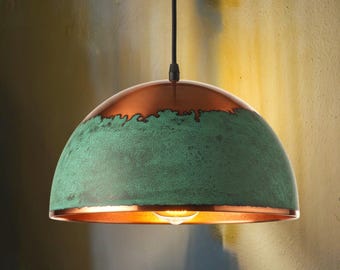 Verdigris Copper Dome Pendant Light: Artisan Wabi Sabi Lighting