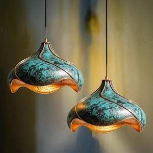 Set of 2 Handmade Blue Copper Pendant Light: Hammered Moroccan Ceiling Fixture