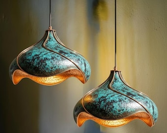 Set of 2 Handmade Blue Copper Pendant Light: Hammered Moroccan Ceiling Fixture