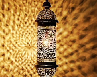 Moroccan Brass Pendant Light, Tall Hanging Lantern Fixture with Intricate Filigree Design