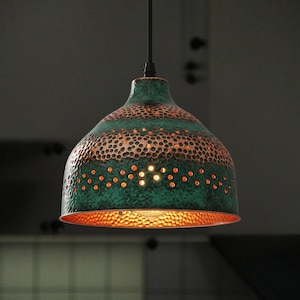 Verdigris Copper Dome Pendant Light: Rustic Farmhouse Chandelier