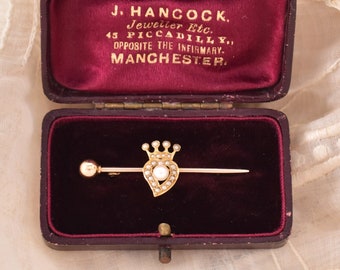 boxed antique 18k Gold Crowned Witch's Heart Pearl Brooch Pin original velvet-lined box Victorian J. Hancock UK 1880s 1890s Luckenbooth Love