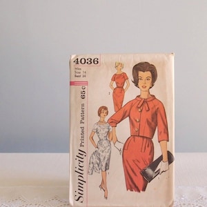 May include: Vintage Simplicity sewing pattern 4036 for a dress. The pattern is printed on a white background with a red, white, and blue color scheme. The pattern shows three women wearing different styles of dresses.