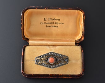 boxed Antique Silver Coral Brooch Pin with Cannetille Filigree made in Holland early 1900s with Swiss Jeweler Presentation Case Velvet lined