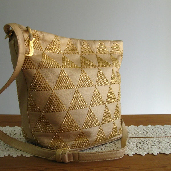 vintage Sharif soft Leather gold stud triangle cross-body/shoulder Bag