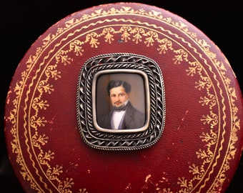 Antique Portrait Miniature 1840s Gentleman Hand-painted in 2" Sterling Silver rope twist Easel Back Frame A Victorian Lin-Manuel Miranda