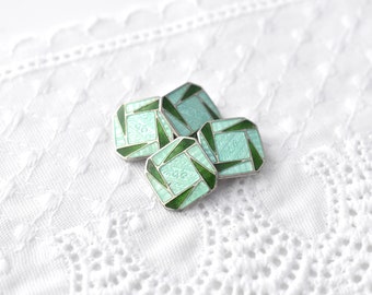s o l d // Antique Art Deco Guilloche Cufflinks Double Chain Link Cut Corner Square Silver Metal Aqua Blue Emerald Green Enamel 1910s 1920s