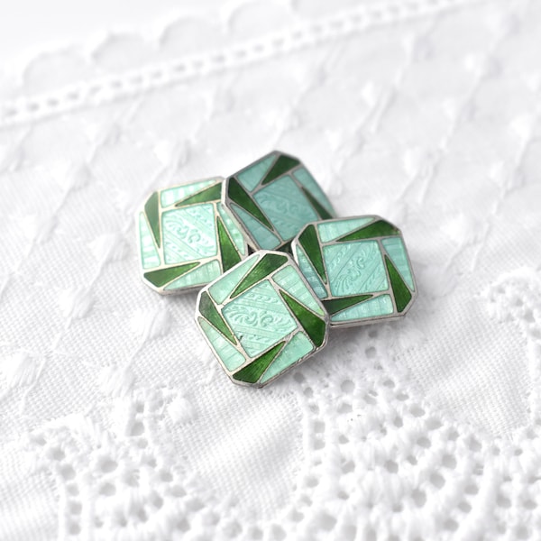 s o l d // Antique Art Deco Guilloche Cufflinks Double Chain Link Cut Corner Square Silver Metal Aqua Blue Emerald Green Enamel 1910s 1920s