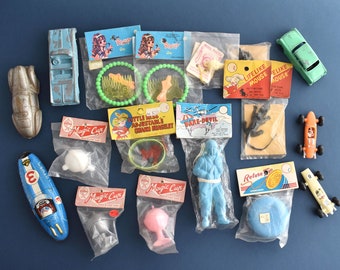 Vintage Dime Store Toy Lot of 11 NIP 1950s 1960s + 6 cars 1930s Sun Rubber Tootsie Toy Chrysler promo made in USA Hong Kong Japan Tin Lotus