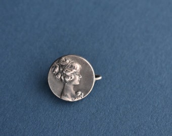 Antique Silver Repoussé Cameo Brooch Pin Young Edwardian Girl lady profile Art Nouveau Early 1900s tiny dainty sweet 1/2" size