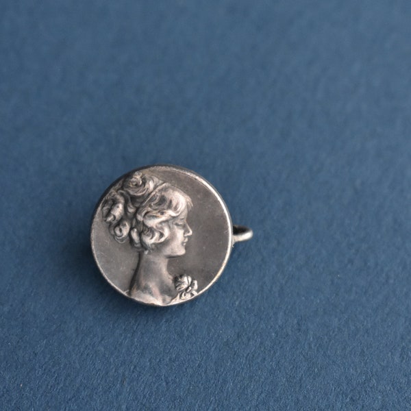 Antique Silver Repoussé Cameo Brooch Pin Young Edwardian Girl lady profile Art Nouveau Early 1900s tiny dainty sweet 1/2" size