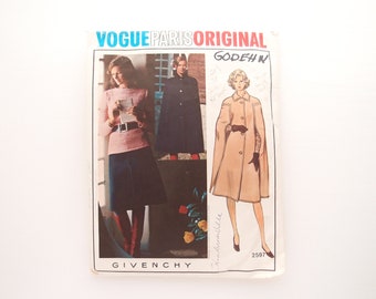 s o l d // Vogue Givenchy Paris Original Sewing Pattern Cape Coat A-line Skirt & Fitted Top 2597 Complete partially cut with tag 1960s 1970s