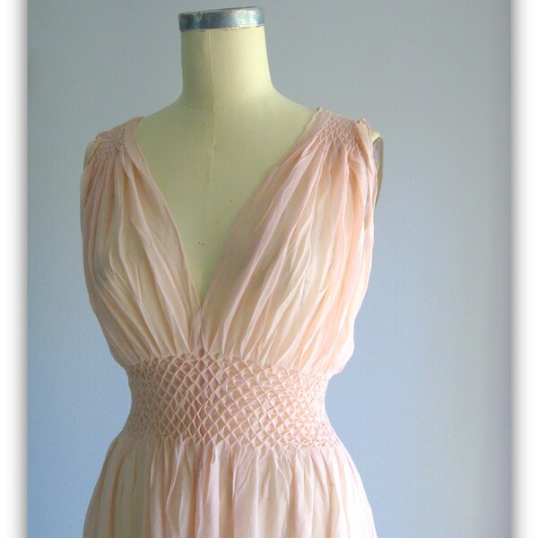 30s nightgown / 1930s peachy Pink Silk Chiffon Gown with smocked waist & shoulders ....sz S/M/L