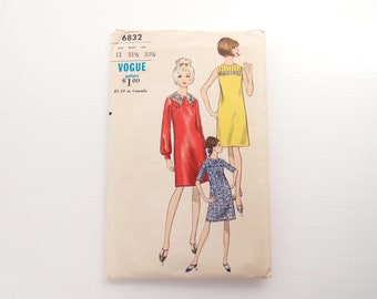 1960s Vogue Sewing Pattern Mod Lantern Sleeve Shift Dress yoke top collared pleated or not choice of sleeveless short or long sleeves 6832