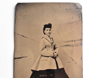 Antique Victorian Tintype Photo early 1860s Civil War Woman in Mourning Jewelry with One Glove Troy Albany NY original tin type