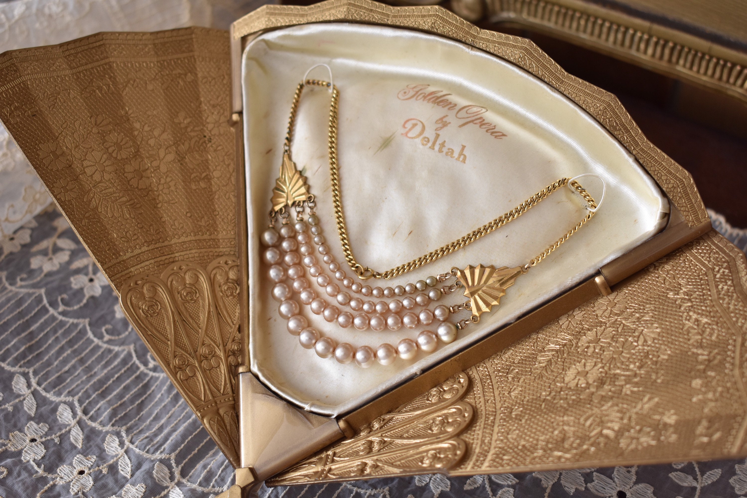 Vintage Deltah Golden Opera Pearls in Antique Gold Braun