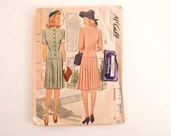 1940s vintage Sewing Pattern McCall 5179 Fitted Drop Waist Dress knee-length skirt button front long short 3/4 sleeve 1943 McCall's sz 12/30