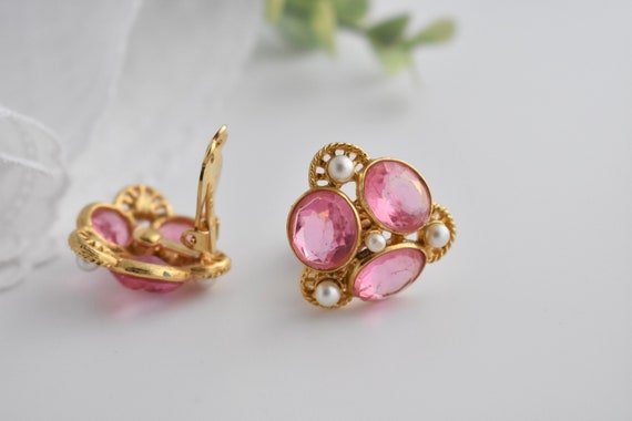 Vintage Weiss Pink Rhinestone & Pearl Clip Earrin… - image 5