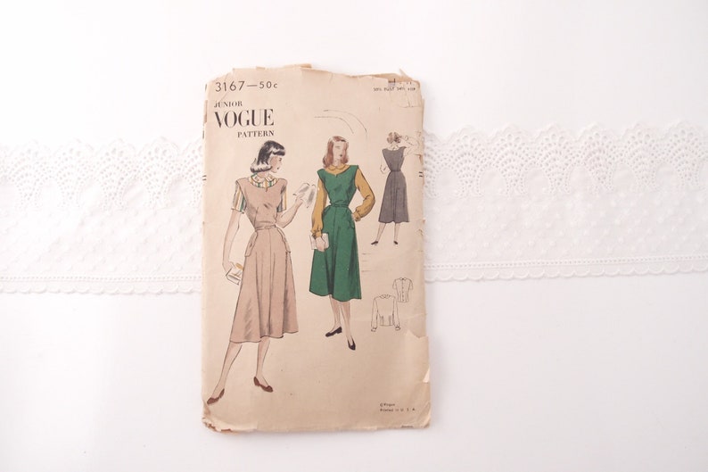 1940s Vogue Sewing Pattern Jumper Dress And Blouse Short Or Long Bishop Sleeves Peter Pan Collar Original Vintage 3167 Sewing Kits How To Kromasol Com