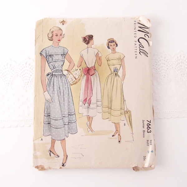 1940s Sewing Pattern McCall 7663 Pleated Cap Sleeve Dress nipped waist flowy midi tea length skirt printed precut & complete Junior size 9