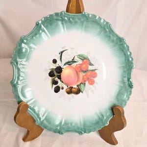 Decorative Fruit Inspired Ceramic Plate Green Scallop Edge Peach Berries Cherry
