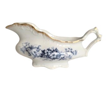 Vintage Blue & White Floral Porcelain Gravy Boat w/24K Gold Trim