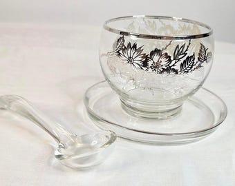 Vintage Silver Overlay Glass Gravy Bowl w/Attached Plate & Ladle MCM Art Deco
