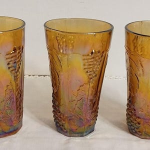 Set von 3 Vintage 1970s Indiana Glas irisierenden Gold Karneval Glas Bechern