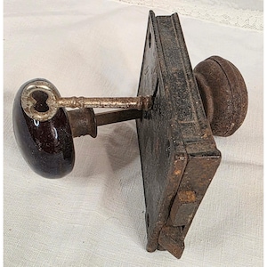 Antique Rim Lock Set with Key Bennington Mineral Knob Cast Iron Door Hardware