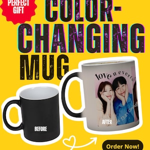 May include: A color-changing mug, black before and revealing a photo after. The mug has a white interior and a black handle. Text on the mug says "BEFORE" and "AFTER". The image also includes the text "COLOR-CHANGING MUG".
