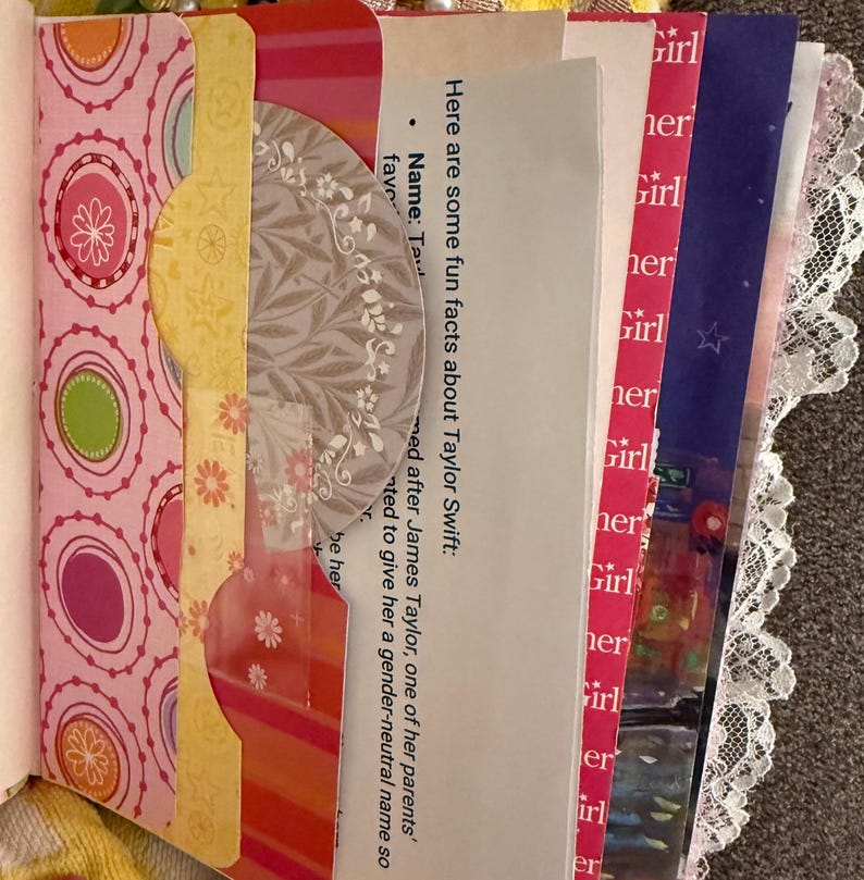 May include: A scrapbook page with a pink and green patterned background. The page has a yellow tab with the text "Here are some fun facts about Taylor Swift: Name: Taylor" written on it. The page also has a white lace trim.
