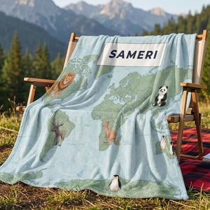 Personalized Blanket with Custom Name, World Map Plush Fleece Throw 50x60