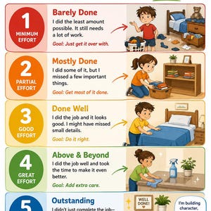 May include: An educational poster titled The 5 Levels of Chore Completion, featuring five numbered rows with illustrations of children performing household tasks. Each level includes a description of effort, a goal, and a visual example of chore quality.