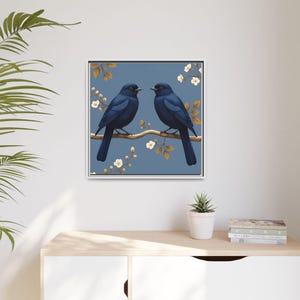 Impresión en lienzo de pájaros azules enmarcados, pájaro Lhove, obra de arte coleccionable, decoración del hogar, regalo para amantes de las aves, arte de pared azul, impresión artística romántica