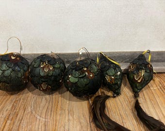 Set 5 Real Feather Christmas Ornaments Pheasant Feather Rustic Lodge