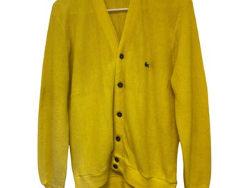 Cárdigan amarillo vintage Izod Lacoste, talla grande, fabricado en EE. UU., acrílico, estilo preppy.