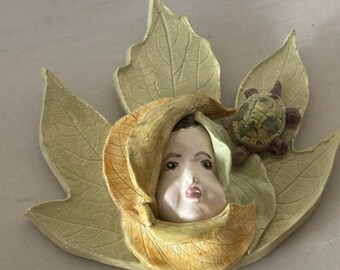 Vintage Studio Art Pottery Leaf Fairy Face Wall Plaque w/ Turtle, Signed