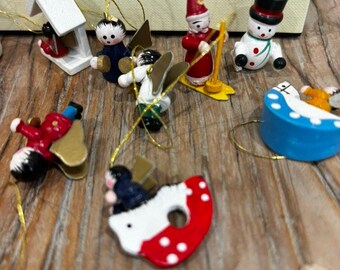 Vintage Miniature Wooden Christmas Ornaments Hand Painted Mixed Lot of 11