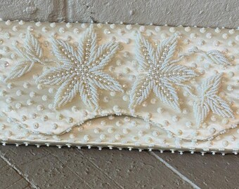 Vintage Ivory Beaded Satin Evening Clutch Hand Beaded Pearl & Sequin Starburst