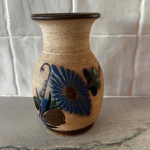 Jarrón de cerámica de estudio mexicano firmado por Meyer Floral Folk Art, pintado a mano, estilo vintage.